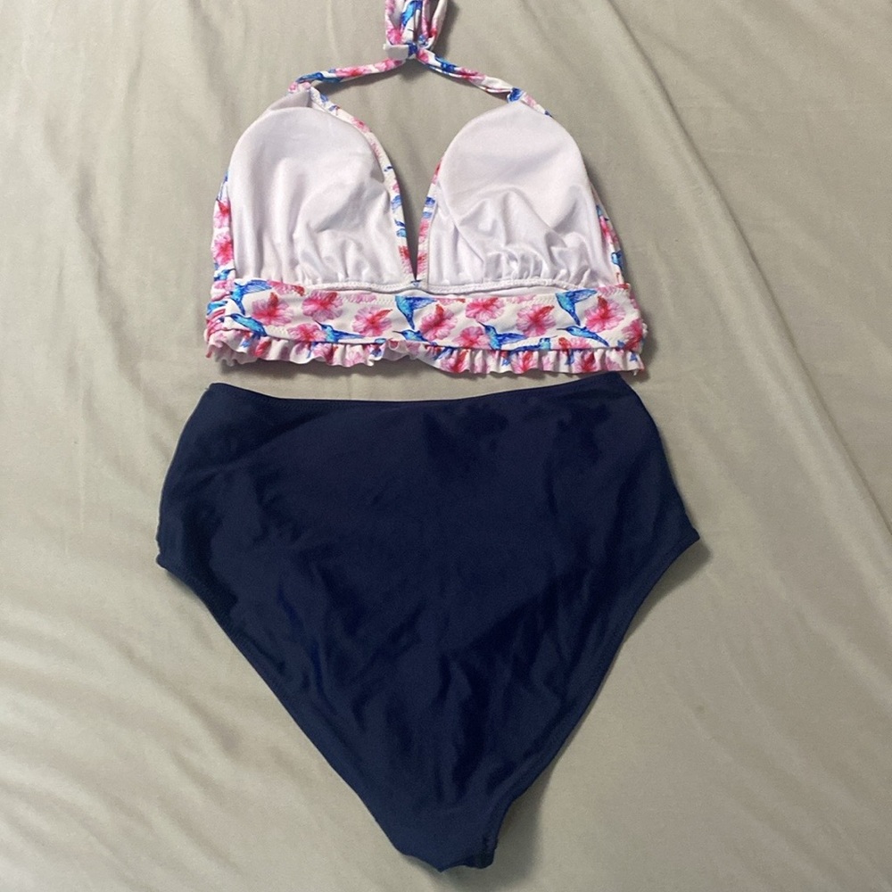 Pink and Navy Birds and Floral Bikini Set Sz M - Picture 2 of 4